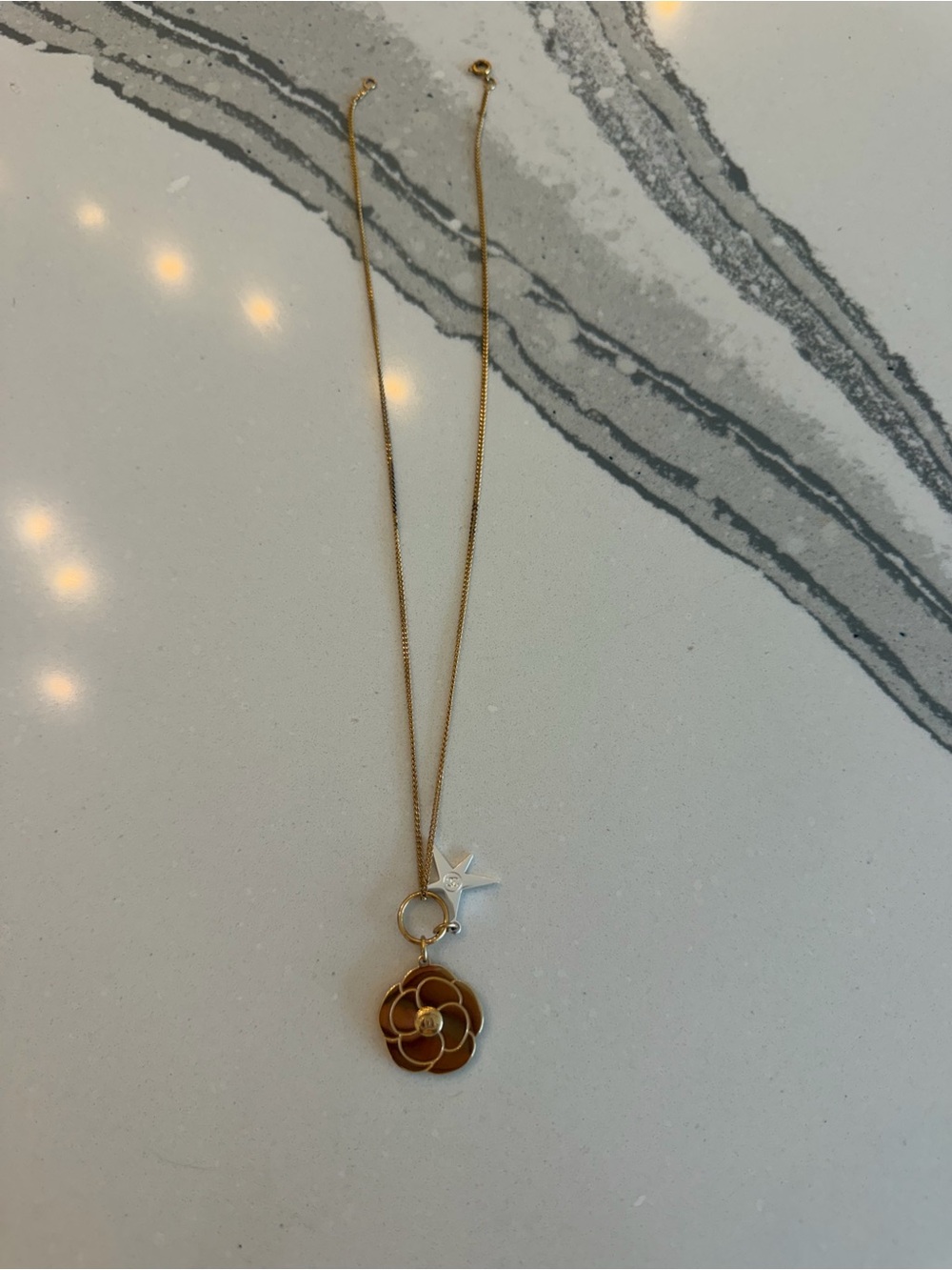 CHANEL Gold Necklace with Brown Camellia and Silver Star Charm